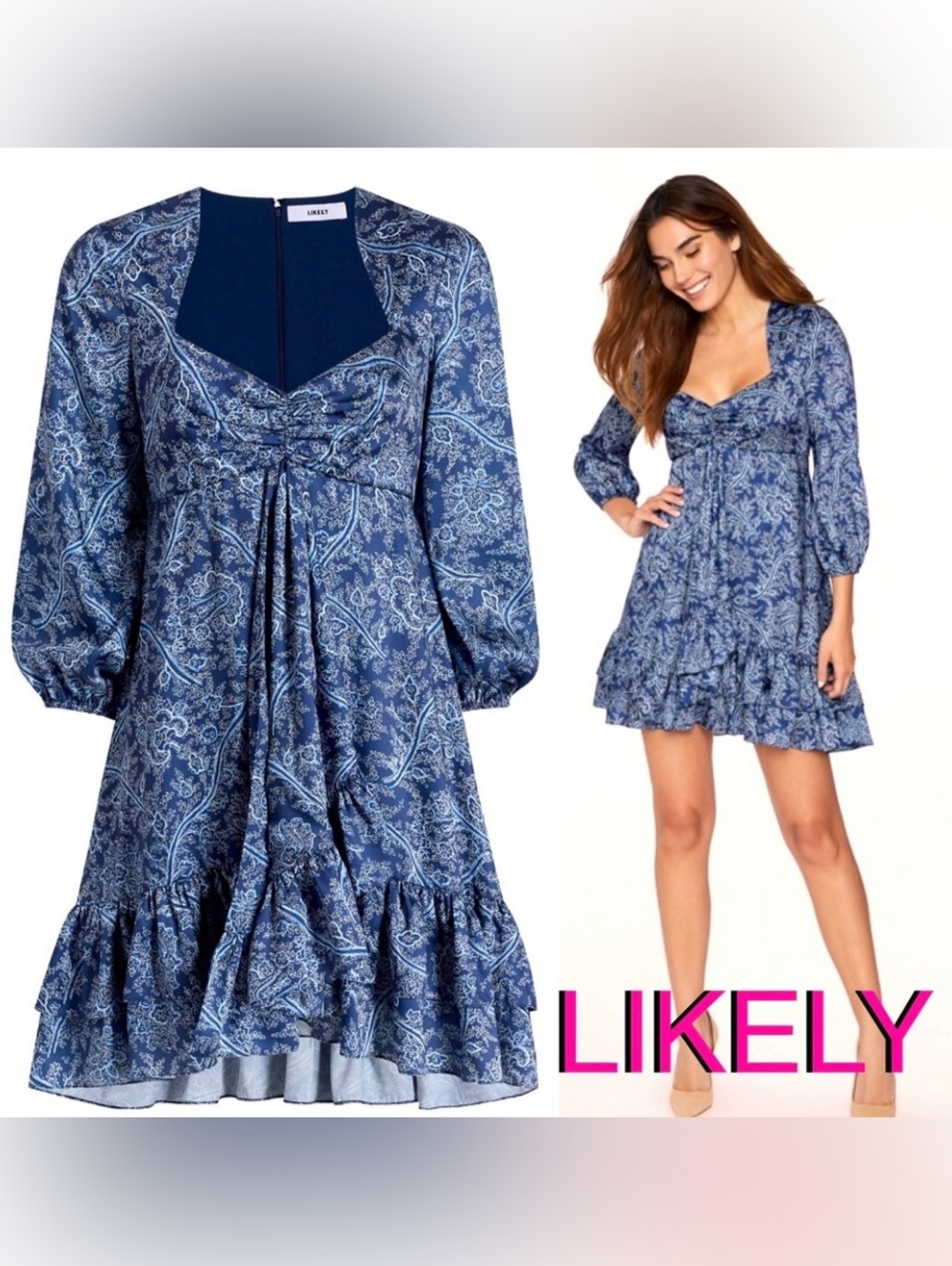 LIKELY Shawn navy blue floral mini babydoll long sleeve dress size 6